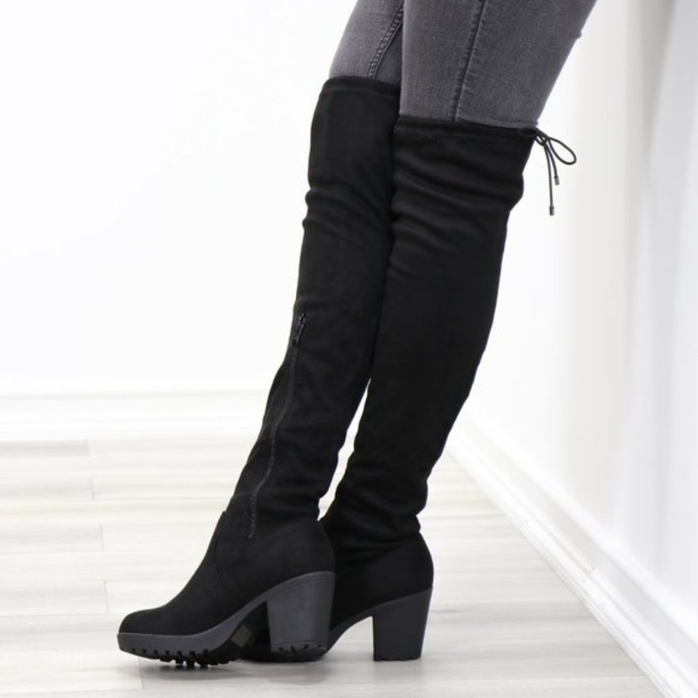 Lug Chunky Heel BlackThigh High Suede Boots - Picture 2 of 16